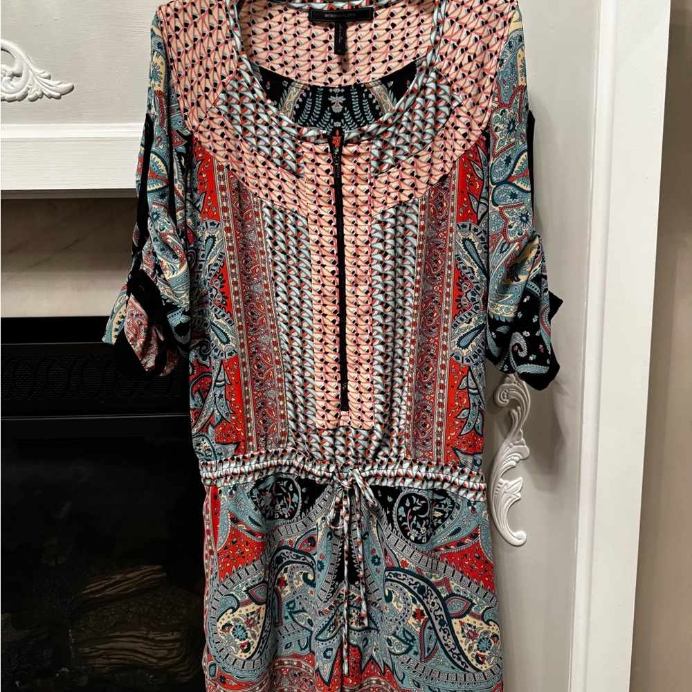 BCBGMAXAZRIA Paisley Multicolor Romper S Drawstring Waist Zip Front 3/4 Sleeve